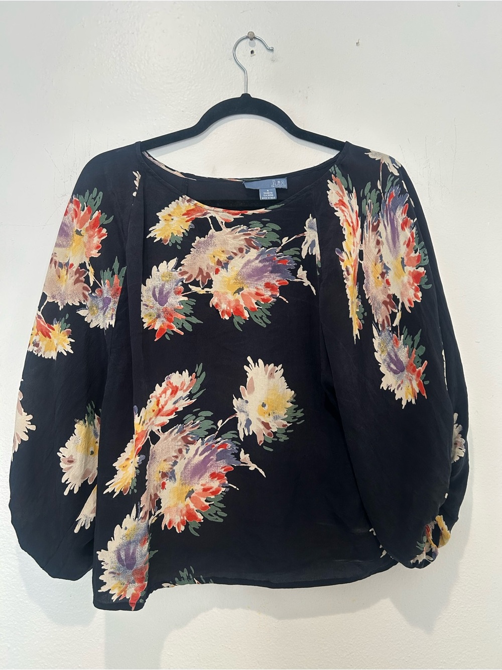 Lie Women’s 100% Silk Blouse Black Floral Balloon Sleeve Blouse